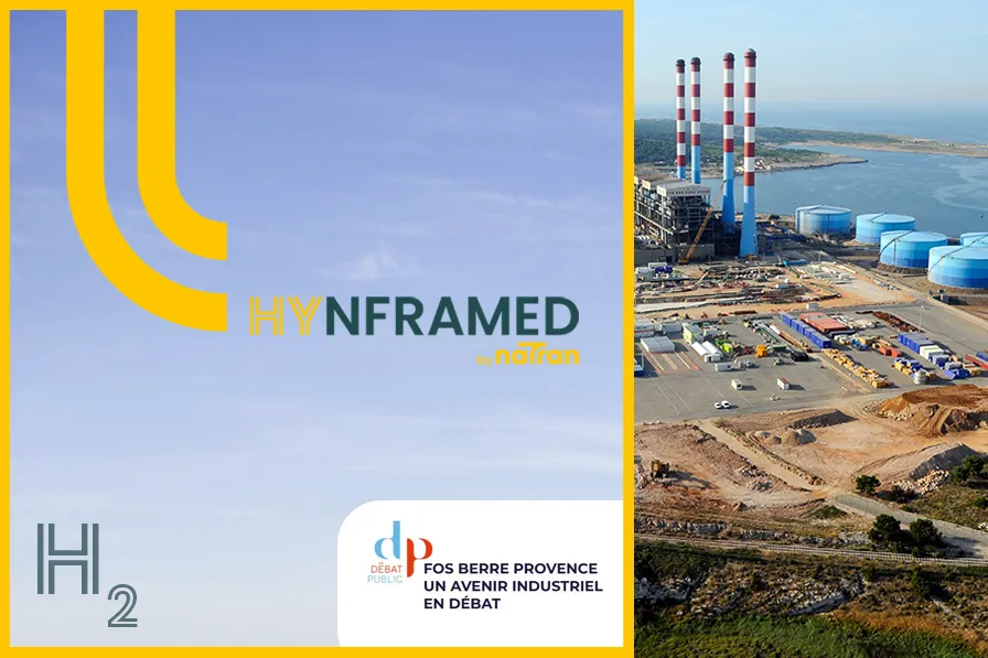 Logo Débat public et HYnframed ; photo Fos-sur-Mer (Shuttlestock)