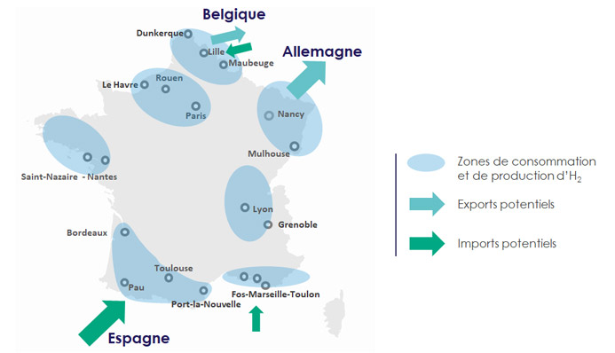 Carte : zones géographiques de production et/ou de consommation H2 initialement identifiées