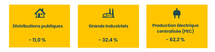 Consommations des distributions publiques,  des grands industriels et production électrique centralisée
