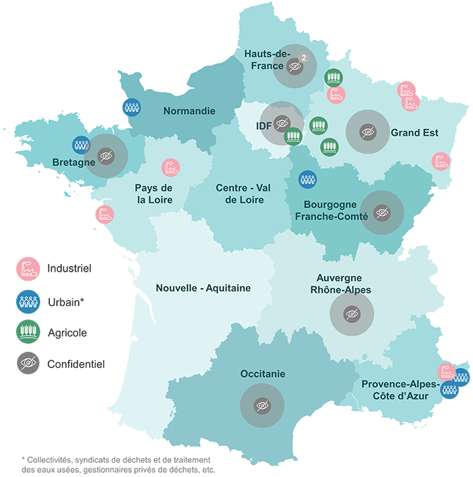 Cartes des 24 projets de gazéification hydrothermale