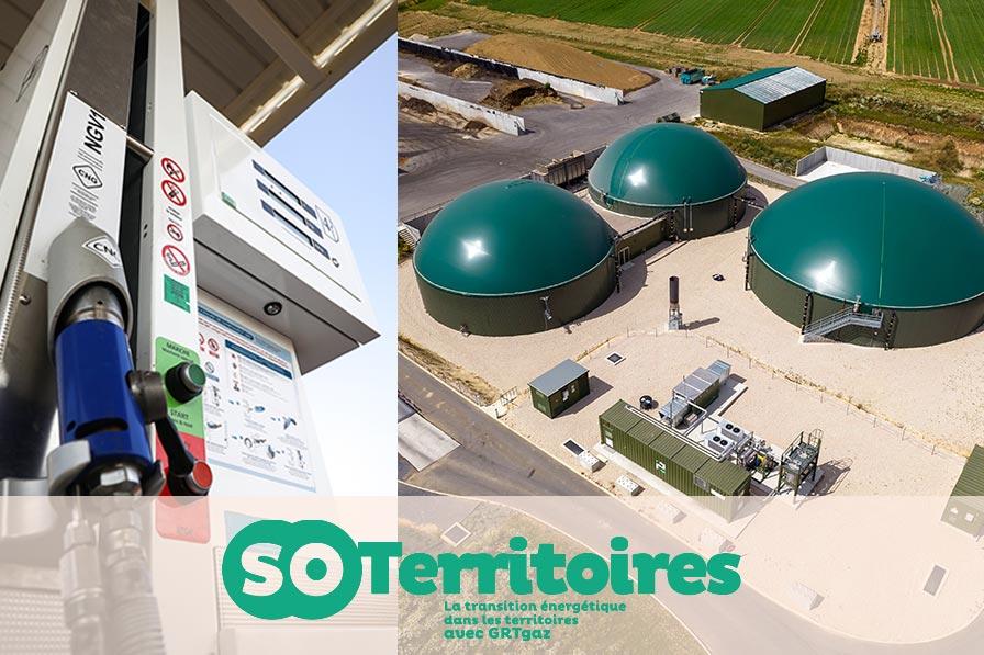 Station GNV de Wissous (photo : GRTgaz / BRANDEL GREGORY) et poste d'injection biométhane sur le site de Mézières-sur-Oise (photo : GRTgaz / ROSTAND JACQUES)