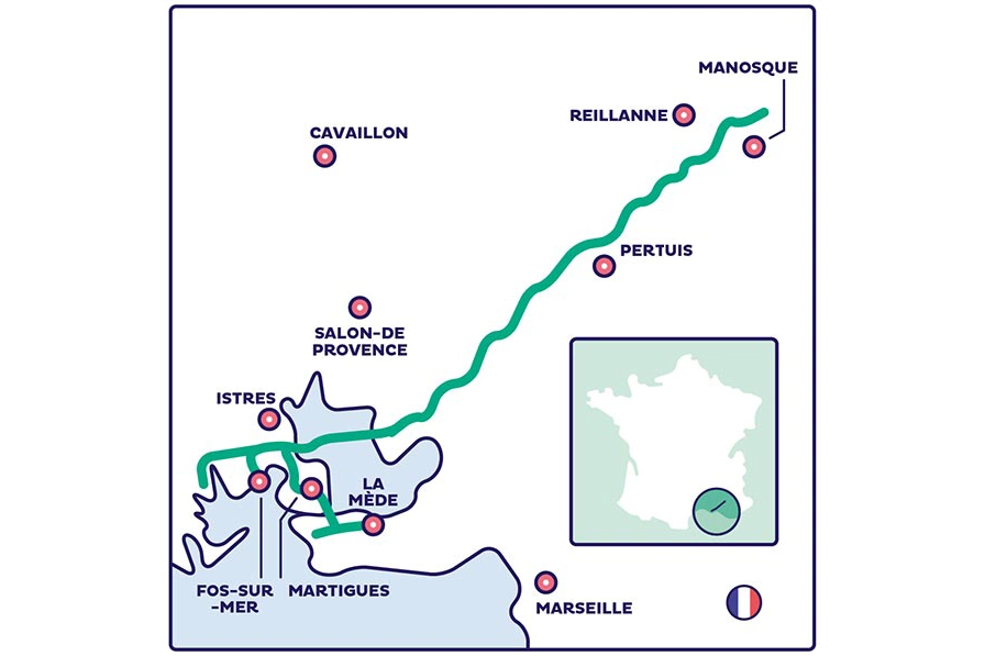Carte HYnframed - Réseau H2 dans la région de Fos-sur-Mer connecté à un stockage   