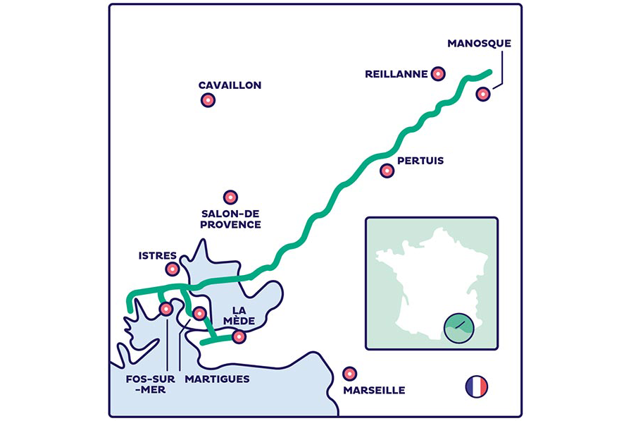 Carte HYnframed - Réseau H2 dans la région de Fos-sur-Mer connecté à un stockage