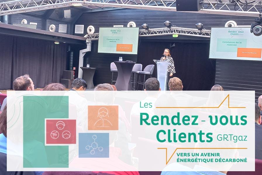 Logo Retour sur Les rendez-vous clients 2024 et photo de Sandrine Meunier (GRTgaz)